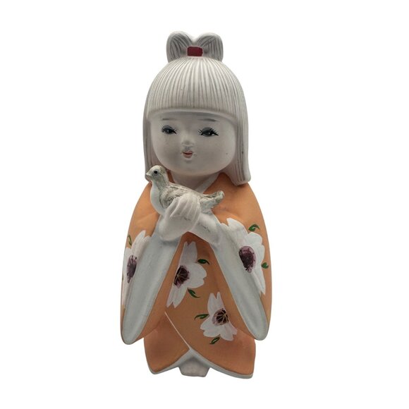 Vintage Japanese Ceramic Figurine Girl In Kimono Holding Bird Hand-Painted - Picture 1 of 6